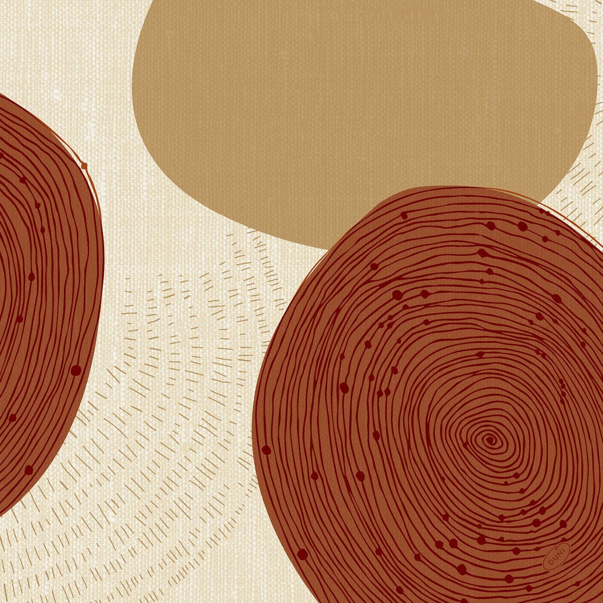Abstraktný obraz s veľkými, prekrývajúcimi sa béžovými a hnedými tvarmi, inšpirovaný Klassikservietten 40 x 40 cm 4-vrstvové, embosované 1/4 skladanie od Duni GmbH. S kruhovými tvarmi s koncentrickými akcentmi a nepravidelným svetlohnedým tvarom na lineárnom pozadí.