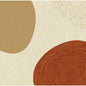 Abstraktes Bild mit einem großen hellbraunen Oval auf der linken Seite und einem rostroten kreisförmigen Motiv mit Ringen und Punkten unten rechts, gedruckt auf Dunisoft-Servietten 40 x 40 cm 1/4 Falz von Duni GmbH. Heller Hintergrund, subtile lineare Textur, schwacher Halbkreis oben.