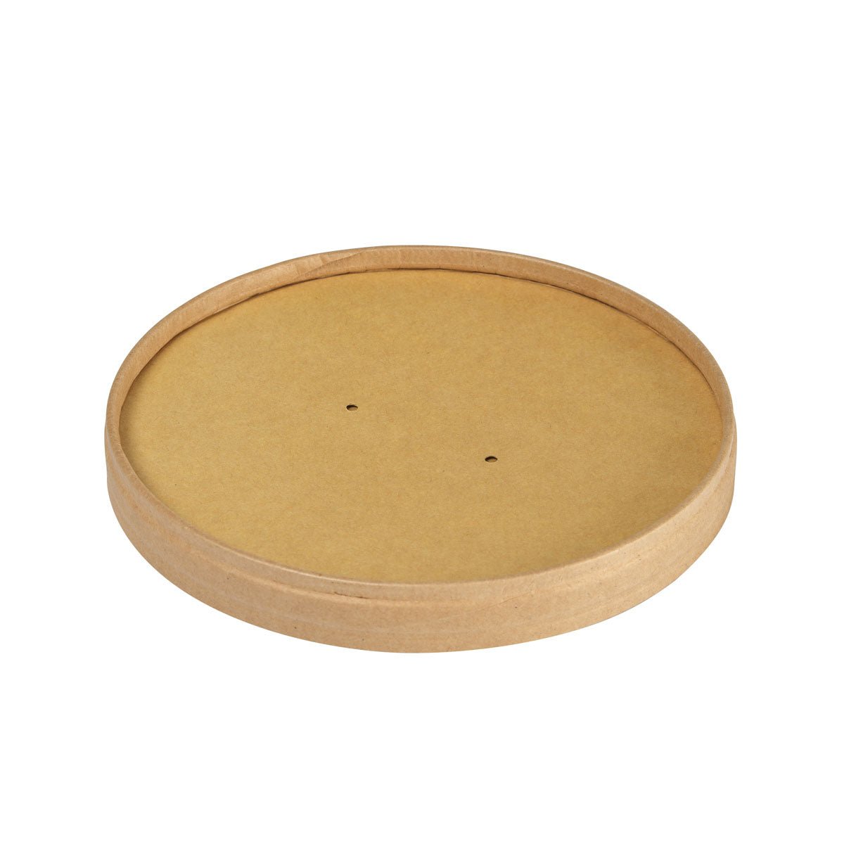 Okrúhly, plochý, hnedý kartónový kryt Ronda WIDE od Duni GmbH (FSC/PLA, 500/700ml, 150x150x17mm) - ideálny pre udržateľné balenie. Balenie obsahuje 50 kusov. Zobrazené na bielom pozadí s dvoma stredovými otvormi.