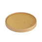 Okrúhly, plochý, hnedý kartónový kryt Ronda WIDE od Duni GmbH (FSC/PLA, 500/700ml, 150x150x17mm) - ideálny pre udržateľné balenie. Balenie obsahuje 50 kusov. Zobrazené na bielom pozadí s dvoma stredovými otvormi.