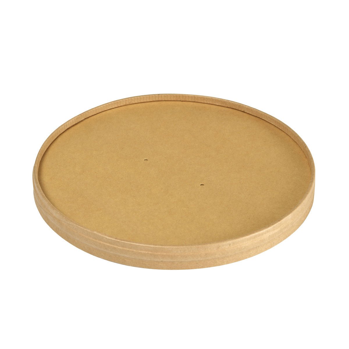 Ekologický kryt z kartónu Ronda WIDE+ od spoločnosti Duni GmbH z hnedého FSC/PLA kartónu (184x184x17 mm, 900/1300 ml) s mierne zvýšenými okrajmi a dvoma malými otvormi leží na bielom pozadí. Balenie po 25 kusoch.