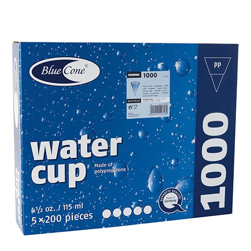 Modro-biela „Blue Cone“-krabica od Starpak obsahuje 1000 kužeľových PP pohárov (115 ml, Ø 7,03 cm, 9,5 cm), balených v 5 setoch po 200 kusov. Na obale sú zobrazené kvapky vody a detaily produktu.
