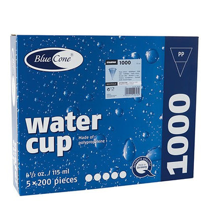 Modro-biela „Blue Cone“-krabica od Starpak obsahuje 1000 kužeľových PP pohárov (115 ml, Ø 7,03 cm, 9,5 cm), balených v 5 setoch po 200 kusov. Na obale sú zobrazené kvapky vody a detaily produktu.