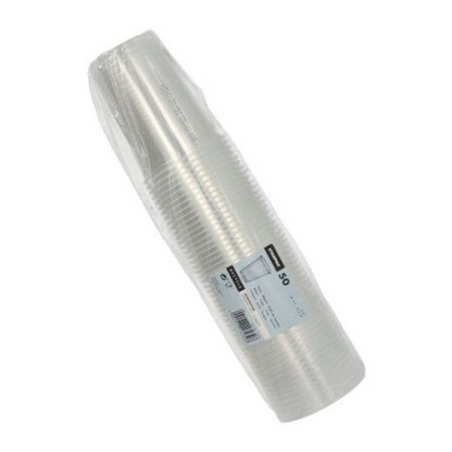 Súprava priehľadných plastových pohárov od Starpak, úhľadne usporiadaná do valcovitého tvaru a zabalená v plastovom obale. Obal obsahuje etiketu s podrobnosťami o produkte a čiarovým kódom. Ide o nové plastové poháre Starpak (PP) s objemom 0,4 litra, rozmermi Ø 9,5 cm x 12,2 cm a balením s 50 kusmi s penovým okrajom.