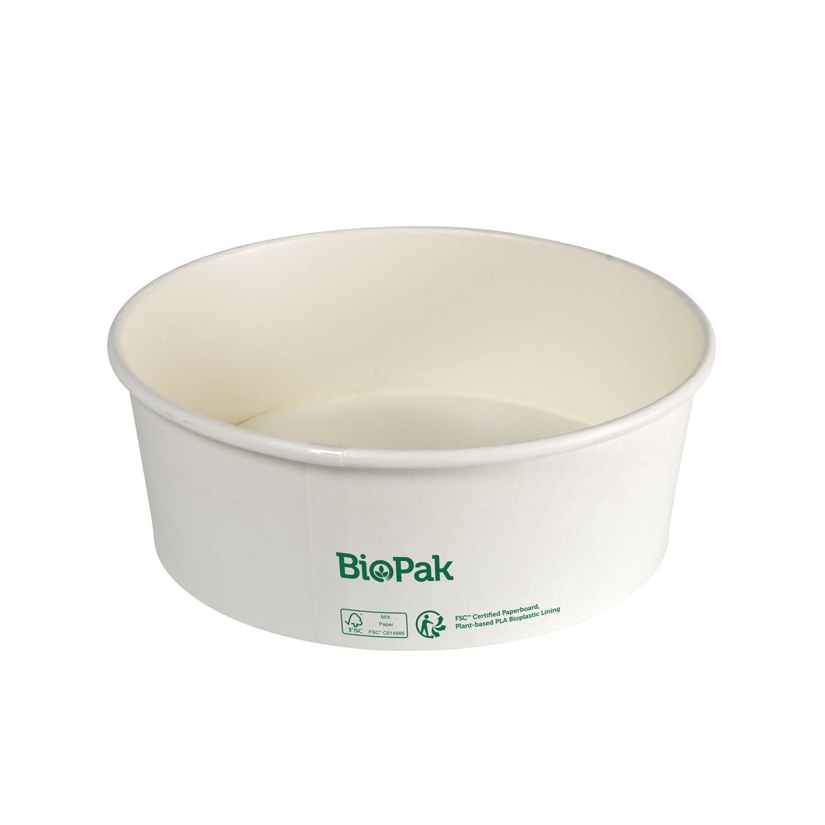 Biela, okrúhla miska Ronda WIDE+ (1300 ml) z kartónu s certifikátom FSC s PLA povlakom od Duni GmbH je prázdna na neutrálnom pozadí. Miska zobrazuje zelené logo BioPak a je ponúkaná v baleniach po 25 kusov.