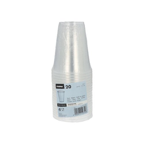Stoh 20 priehľadných Starpak polypropylénových pohárov na pitie (0,3 l, Ø 9,5 cm, 11,1 cm) s penovým okrajom je zabalený v teplom zmrštiteľnej fólii a nesie značku Starpak, obrázok pohára, informácie o produkte, detaily penového okraja a čiarový kód.