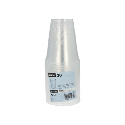 Stoh 20 priehľadných Starpak polypropylénových pohárov na pitie (0,3 l, Ø 9,5 cm, 11,1 cm) s penovým okrajom je zabalený v teplom zmrštiteľnej fólii a nesie značku Starpak, obrázok pohára, informácie o produkte, detaily penového okraja a čiarový kód.