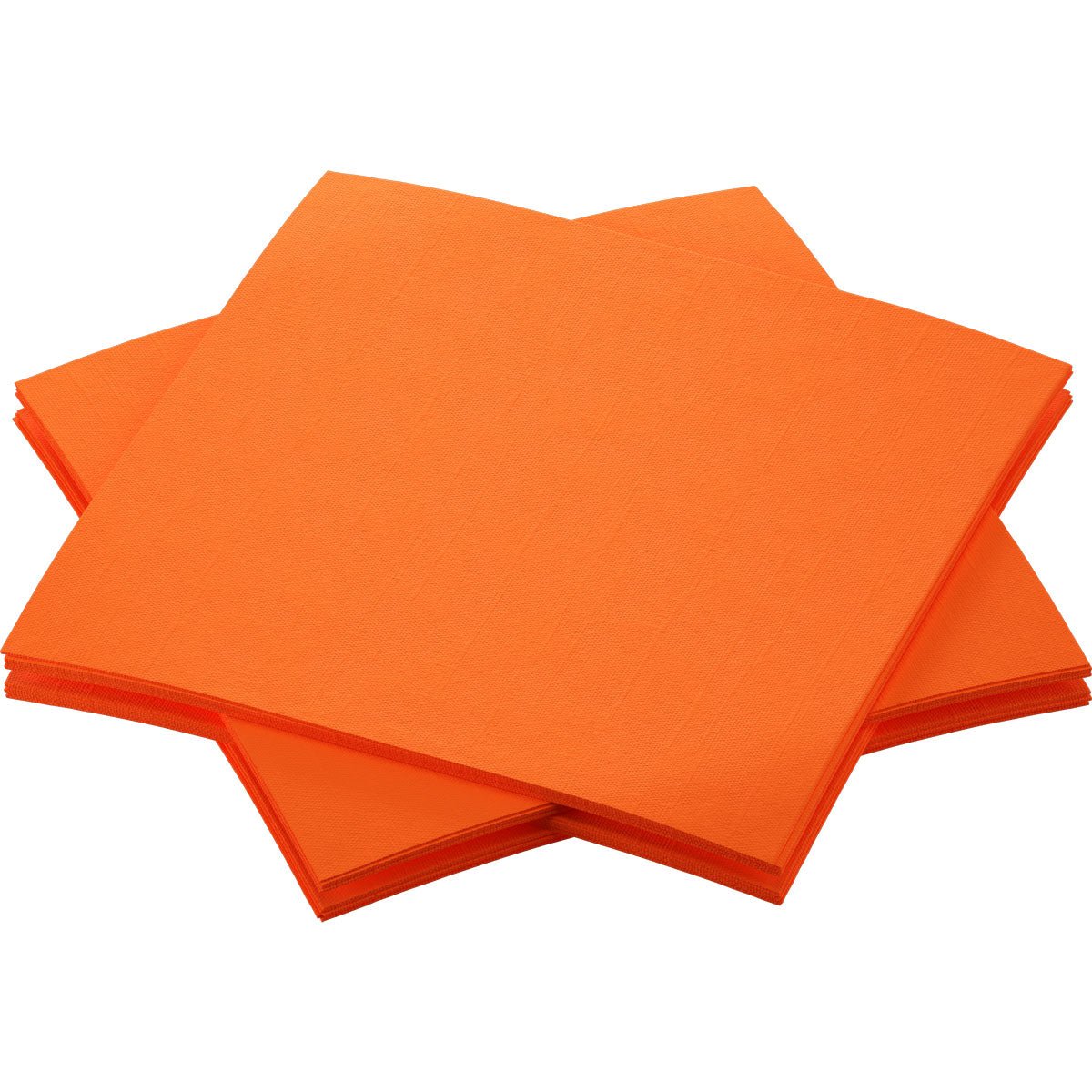 Stoh žiarivo oranžových Dunisoft obrúskov 20 x 20 cm od Duni GmbH je usporiadaný v prekrývajúcom sa vzore na bielom pozadí a prináša štýlovú eleganciu na každý prestretý stôl.