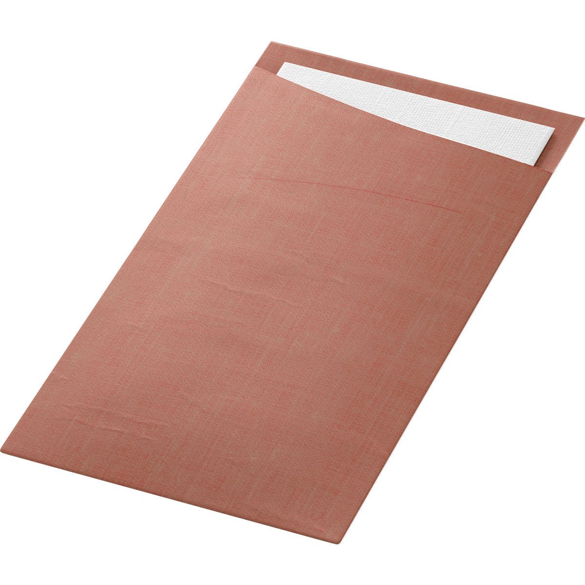 Sacchetto Dunisoft 230 x 115 mm od Duni GmbH je hnedý držiak na servítky s čiastočne viditeľnou bielou servítkou, fotografovaný pred jednoduchým bielym pozadím.