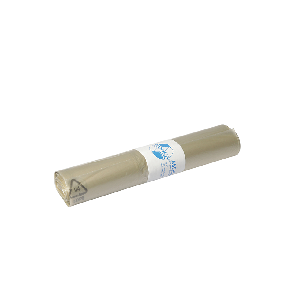 Na obrázku je rolka DEISS ECOFINE® odpadkových vakov 13900 z recyklovaného LDPE/LLDPE 120 litrov od EMIL DEISS KG (GmbH + Co.), zabalená v bielej etikete s modrým písmom a grafikou, na bielom podklade.