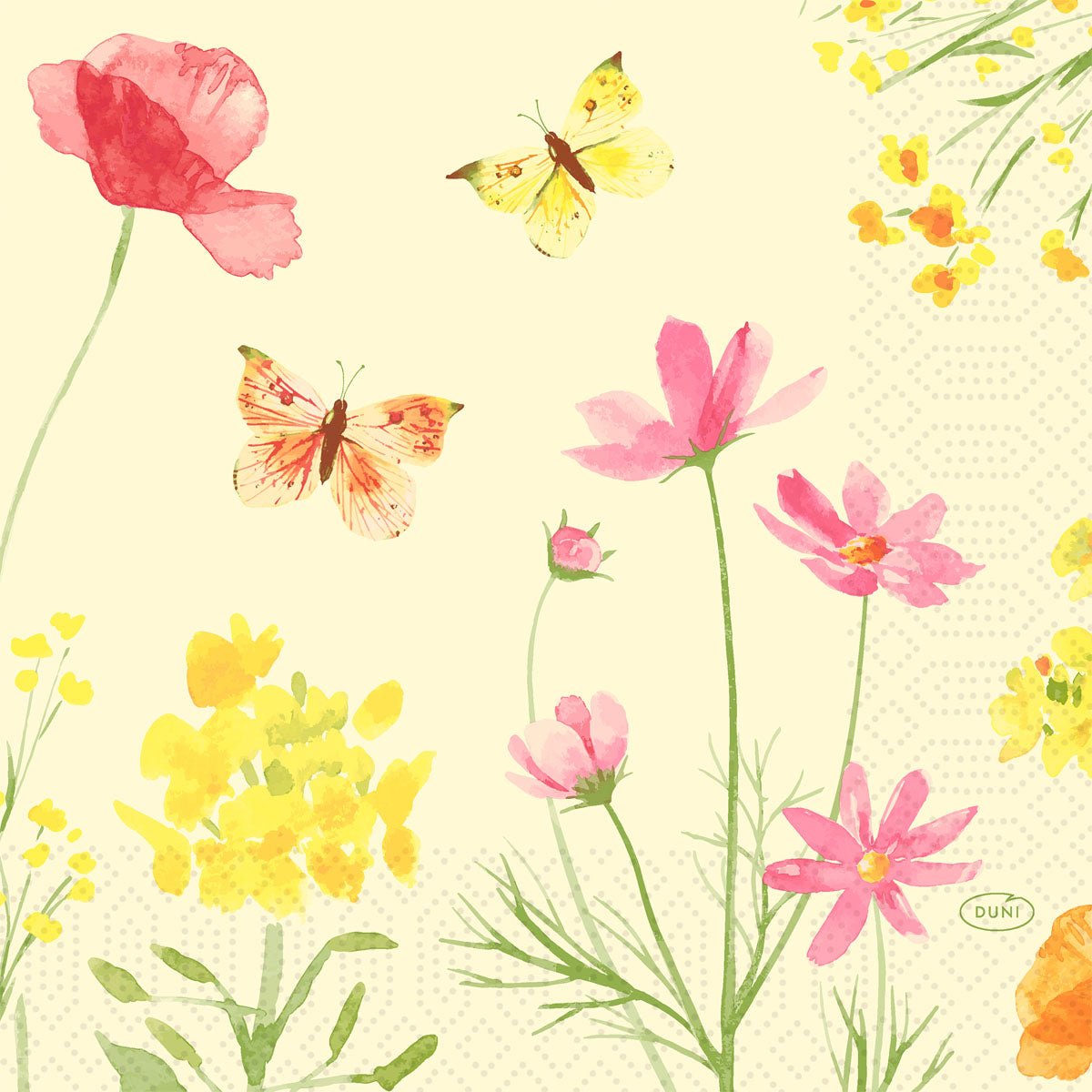 Akvarelová ilustrácia ružových a žltých divokých kvetov s motýľmi na svetlom pozadí - ideálne pre Duni GmbH servítky 33x33 cm, dizajn Mohnfeld | Balenie (50 kusov).