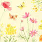 Akvarelová ilustrácia ružových a žltých divokých kvetov s motýľmi na svetlom pozadí - ideálne pre Duni GmbH servítky 33x33 cm, dizajn Mohnfeld | Balenie (50 kusov).