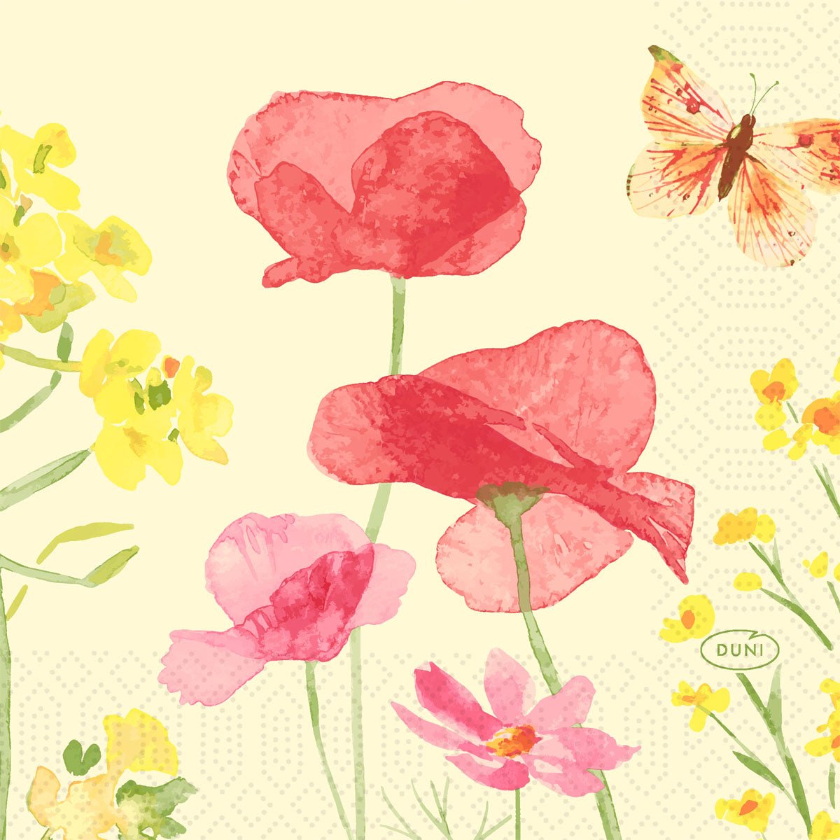 Akvarel ilustrácia červených a ružových makov, žltých divých kvetov a motýľa na svetlobéžovom pozadí. Servítka, 24x24 3vrstvová 1/4 od Duni GmbH - ideálna pre špeciálne príležitosti v jemnom, maliarskom štýle.
