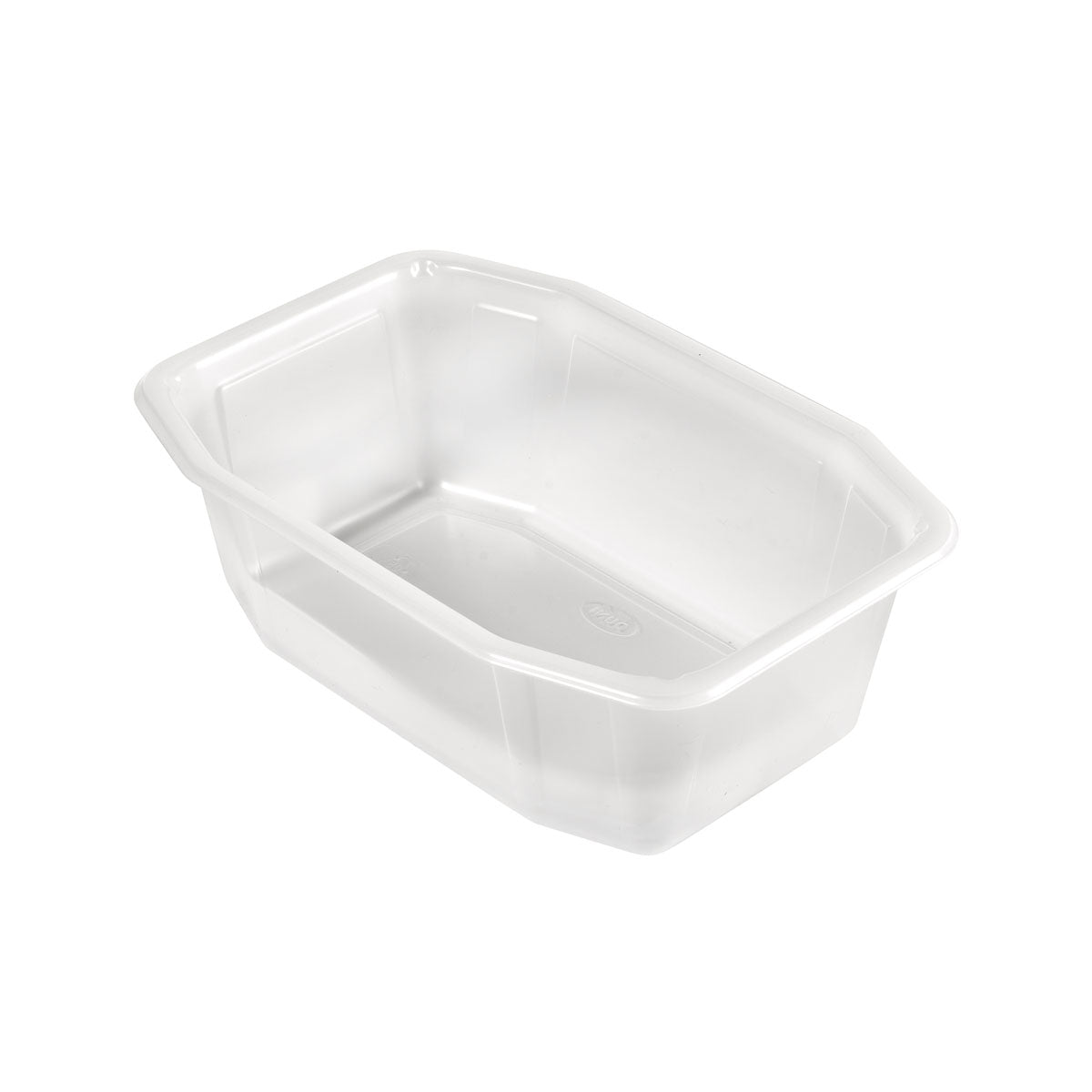 PP miska HMR Transparent PP 215x148 od Duni GmbH, číry obdĺžnikový kontajner so skosenými stranami a zaoblenými rohmi, je zobrazená prázdna na bielom pozadí.