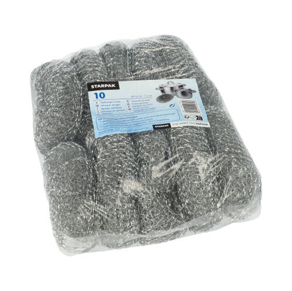 Balenie v plastovom obale s 10 okrúhlymi čistiacimi podložkami Starpak z drôtu striebornej farby s modro-bielym štítkom s názvom značky "Starpak" a údajmi o produkte.