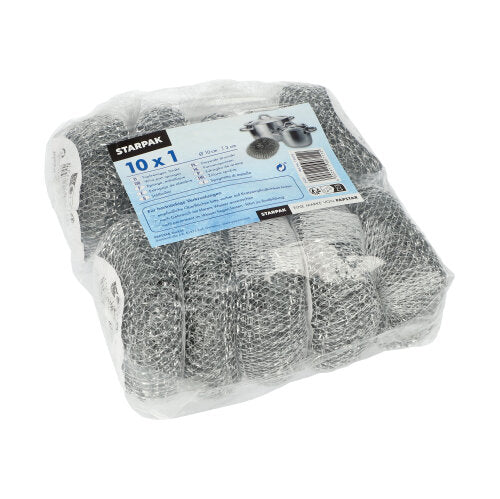 V plastovom obale zabalený Starpak Topfreiniger (drôt okrúhly Ø 10 cm, 3 cm, škrabavý | sieť, 1 kus) s modrým textom a obrázkami kefky, ideálny na dôkladné čistenie riadu s podrobnosťami o produkte na prednej strane.