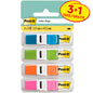Abgebildet sind vier Packungen 3M Post-it® Index Haftstreifen, Mini (transluzente Farben: blau, grün, orange, pink) mit "3 Spender + 1 Gratis" mit je 35 Haftstreifen (11,9 mm x 43,2 mm) in Kunststoffhaltern.