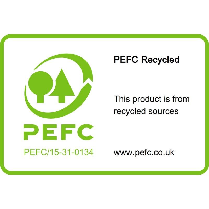 Etiketa PEFC Recycled na Post-it® Recycling Notes od 3M Deutschland GmbH (76x76 mm, 100 listov, 100 % PEFC) ukazuje logo šípky a stromu, PEFC Recycled, certifikačné číslo a www.pefc.co.uk ako dôkaz recyklovaného pôvodu.