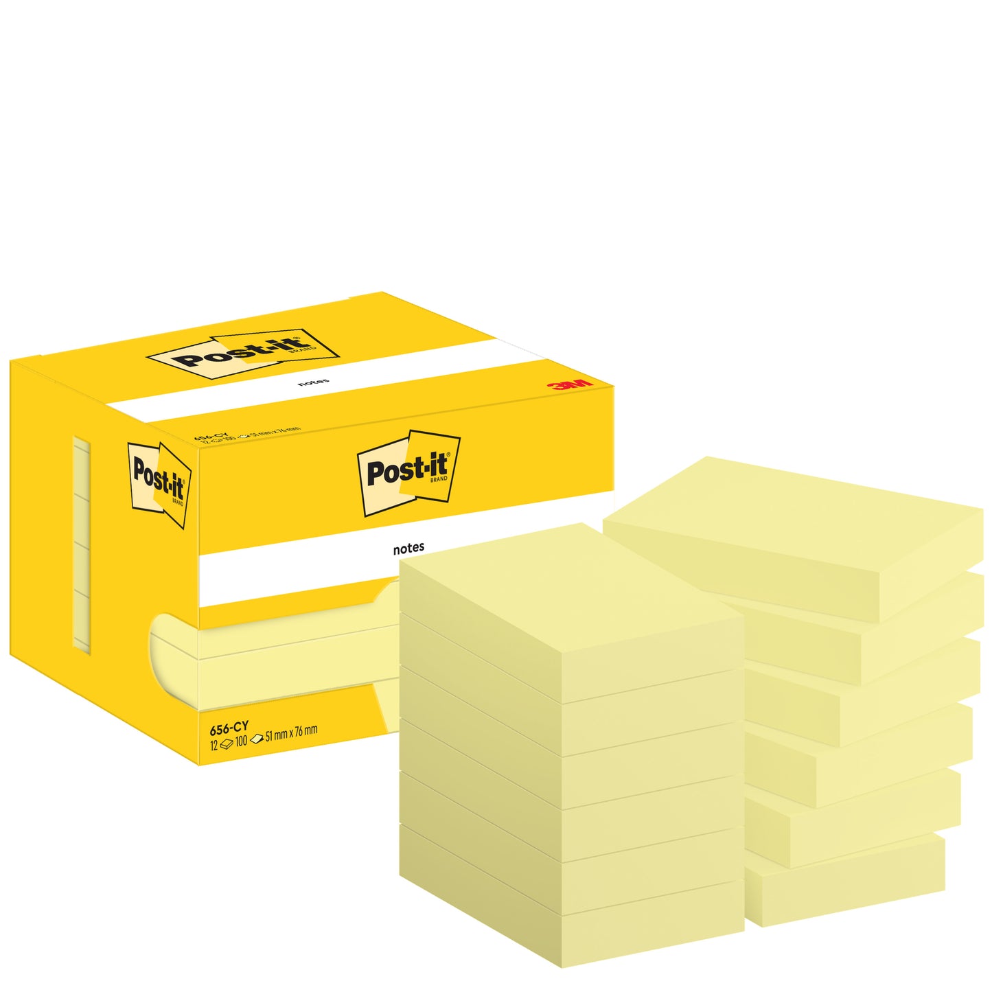Zobrazená je žltá škatuľka Post-it® Notes (3M Deutschland GmbH) s viacerými žltými blokmi lepiacich poznámok (51 x 76 mm, 100 listov/blok, 12 blokov/balenie), v kartónovom obale, PEFC-certifikované (SGSCH-PEFC-COC-110078).