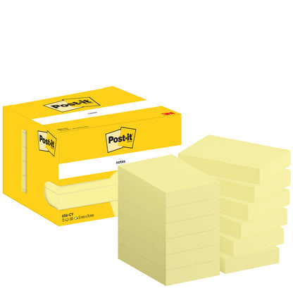 Zobrazená je žltá škatuľka Post-it® Notes (3M Deutschland GmbH) s viacerými žltými blokmi lepiacich poznámok (51 x 76 mm, 100 listov/blok, 12 blokov/balenie), v kartónovom obale, PEFC-certifikované (SGSCH-PEFC-COC-110078).