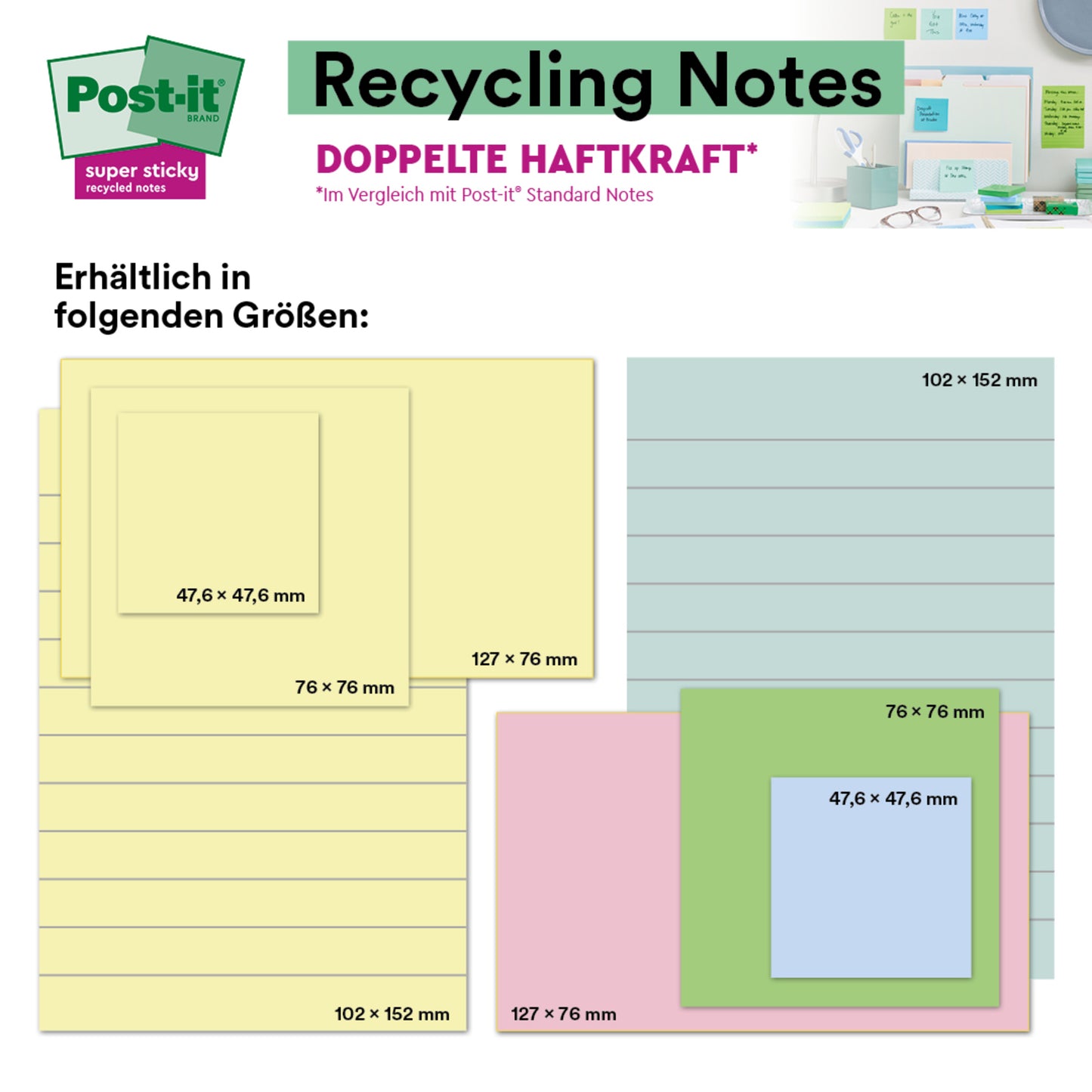 Obrázok ukazuje Post-it® Super Sticky 100% recyklované poznámky (47,6 x 47,6 mm, 70 listov/blok, PEFC-certifikované) od 3M Deutschland GmbH v pastelových farbách, s malou fotografiou, ktorá ich ukazuje na stene a na stole.