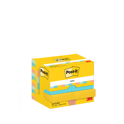 Žltá škatuľka Post-it® Notes, Beachside Collection (38x51mm, 100 listov/blok, 12 blokov/balenie) od 3M Deutschland GmbH s logom Post-it a produktovými údajmi na bielom pozadí; kartónové balenie, 100% PEFC-certifikované.
