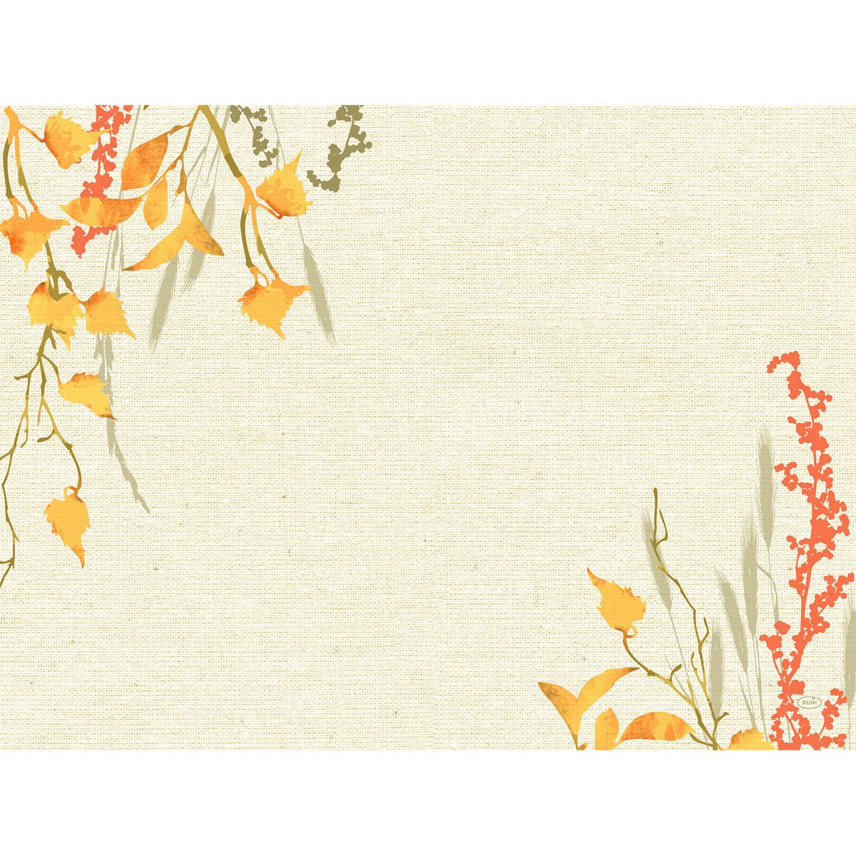 Papierové prestierania 30x40cm Fall Beauty od Duni GmbH: Textúrované béžové pozadie, oranžovo-žlté jesenné listy, zelené stonky a červené bobule v rohoch - ideálne pre jesennú stolovú dekoráciu. Balenie obsahuje 250 kusov.