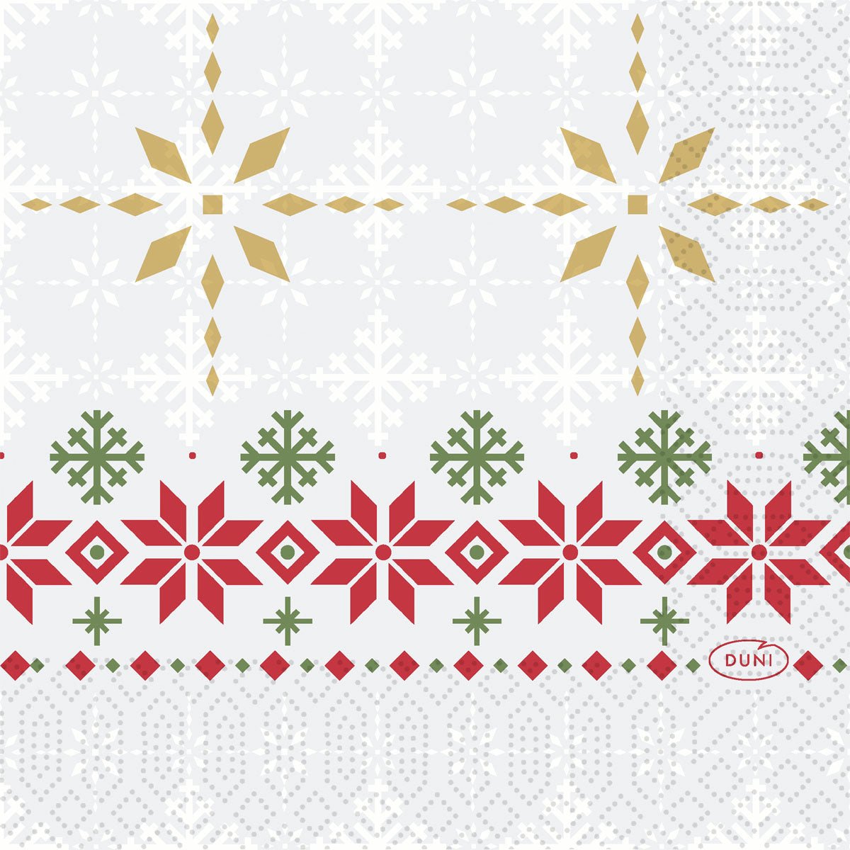Servítky Duni GmbH 24x24 3-vrstvové Tradition zobrazujú zlaté a biele snehové vločky na svetlom pozadí, orámované červenými a zelenými geometrickými akcentmi, s logom Duni vpravo dole. Balenie: 50 kusov.