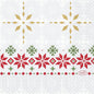 Servítky Duni GmbH 24x24 3-vrstvové Tradition zobrazujú zlaté a biele snehové vločky na svetlom pozadí, orámované červenými a zelenými geometrickými akcentmi, s logom Duni vpravo dole. Balenie: 50 kusov.