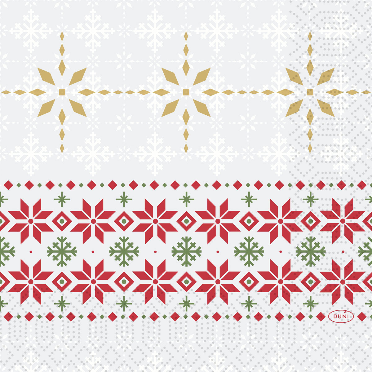 Gemusterte Servietten 33x33 3lagig 1/4 Tradition von Duni GmbH: goldene, rote und grüne geometrische Schneeflocken und Motive auf Weiß mit hellen Schneeflocken-Akzenten. Packung mit 250 Stück.