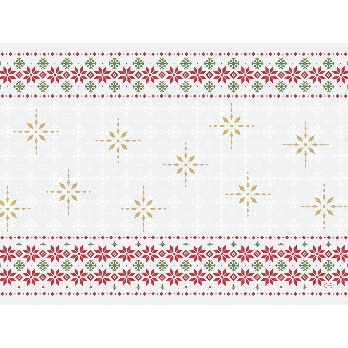 Die Duni GmbH Papier-Tischsets 30x40cm Tradition (Packung 250 Stück) zeigen waagerechte Reihen roter und grüner Blumenmotive und goldener Sternformen auf Weiß - ideal für festlichen Tischschutz oder stilvolle Festtagstafeln.