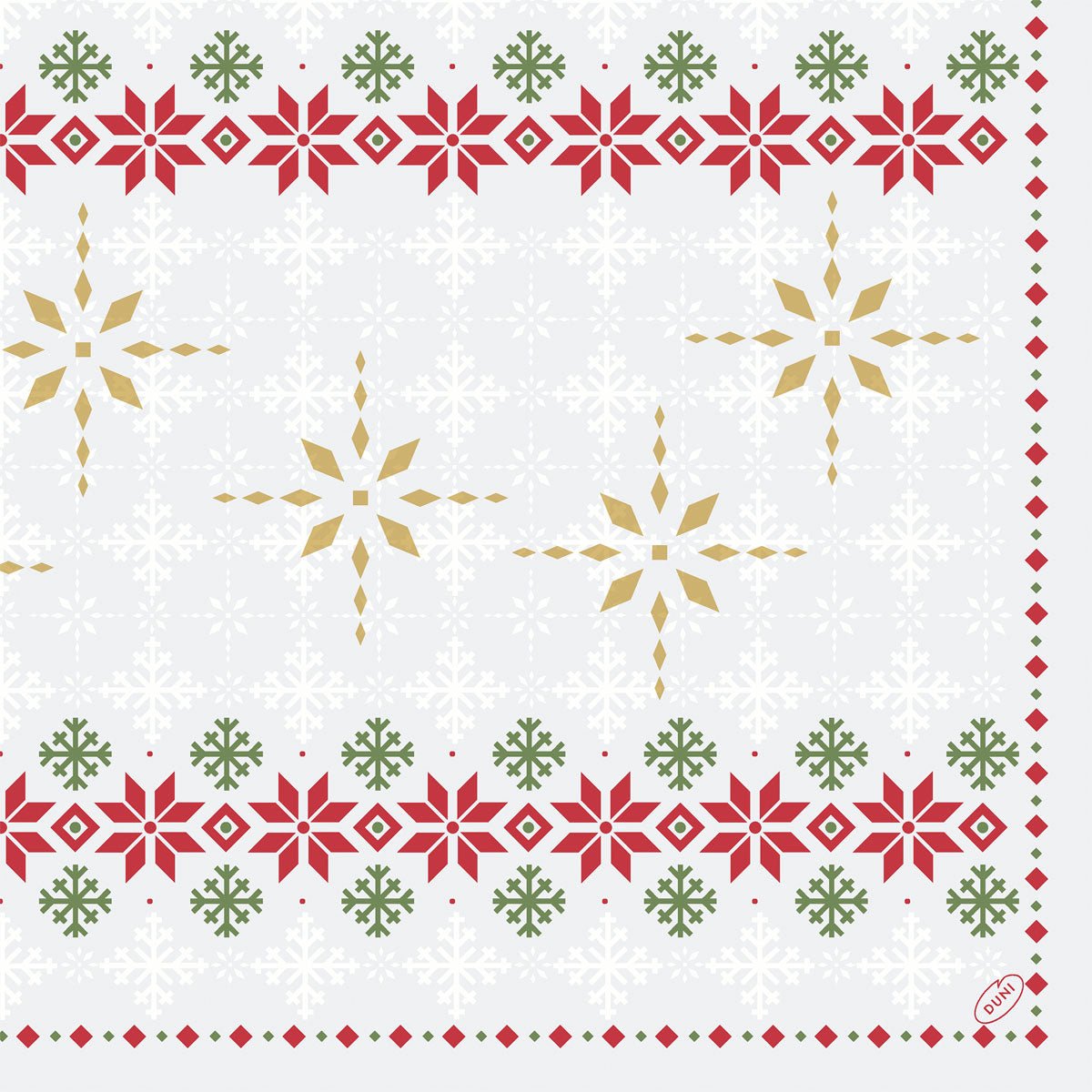Servítky 40x40 4-vrstvové Klassik Tradition od Duni GmbH majú červené a zelené geometrické kvetinové bordúry, zlaté snehové vločky v strede a pozadie z bielych snehových vločiek. Balenie (50 kusov).