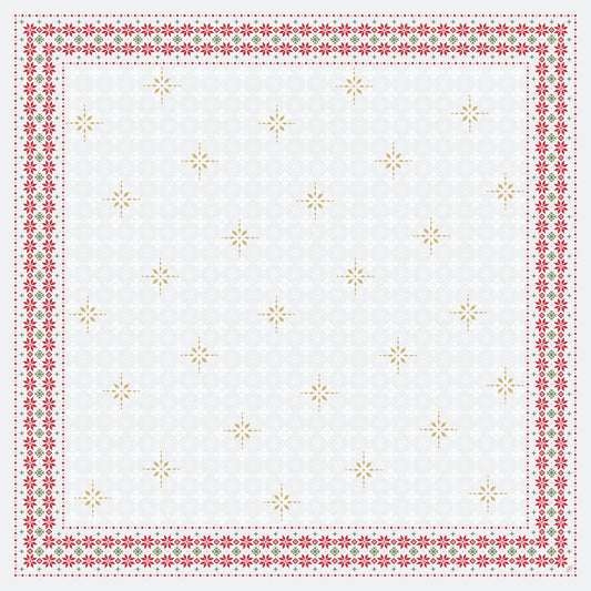 Die Dunicel-Mitteldecke 84x84cm Tradition von Duni GmbH hat einen weißen Untergrund mit sich wiederholenden goldenen Sternen und Bordüren aus rot-grünen floralen und geometrischen Mustern und eignet sich somit ideal als festliche Tischdekoration. Verpackt in 1 Karton.