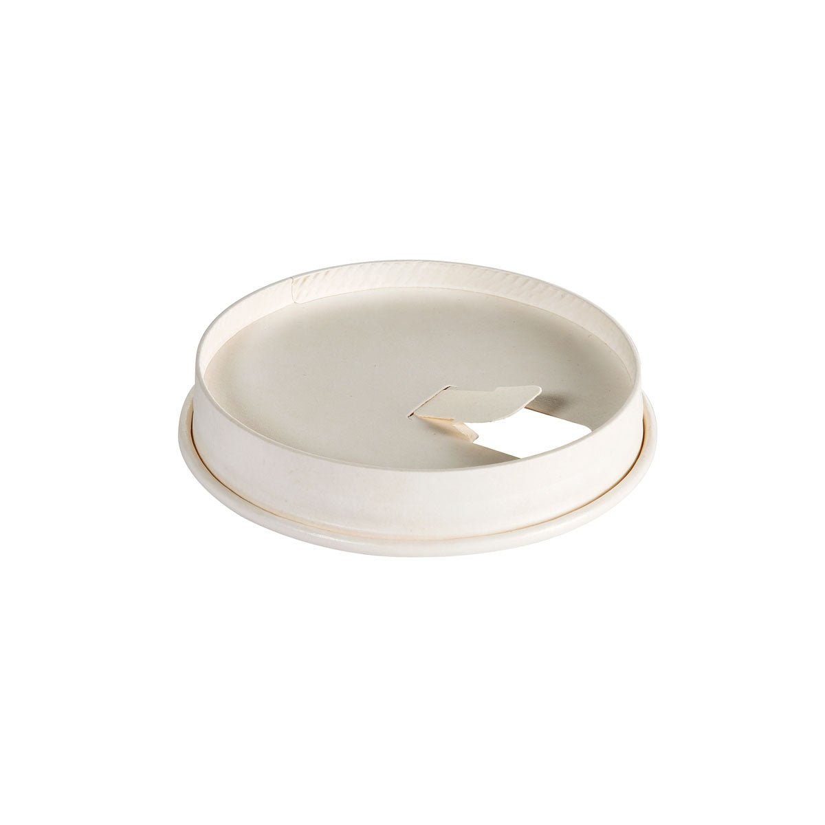 Abgebildet auf weißem Hintergrund ist der Duni GmbH Karton-Deckel für alle Becher 24 cl in Weiß, hergestellt aus Einwegpapier mit perforierter Trinköffnung - ideal für Veranstaltungen; Packung enthält 40 Stück.