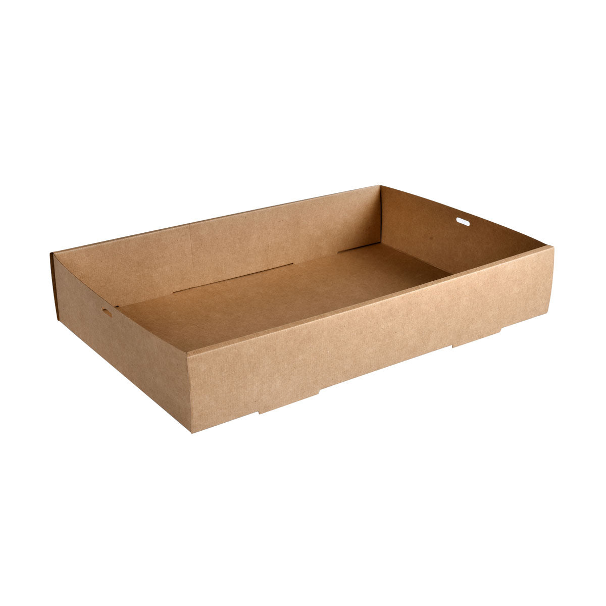 Veľký, hnedý cateringový podnos z kartónu/PLA (450x310 mm) od Duni GmbH, balenie s 50 kusmi - ekologický, biologicky odbúrateľný, s nízkymi stranami a výrezom na uchopenie na jednom konci.