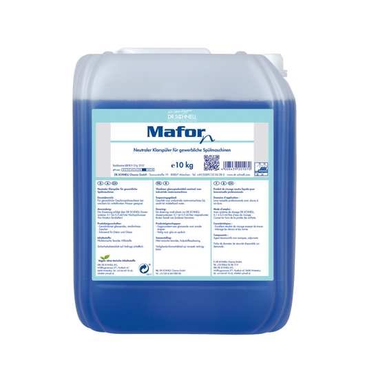 Ein 10 kg durchsichtiger Kunststoffbehälter von Dr. Schnell MAFOR N 1 Klarspüler für Geschirrspülmaschinen von DR.SCHNELL GmbH & Co. KGaA, gefüllt mit blauer Flüssigkeit; Frontetikett in deutscher Sprache mit der Angabe streifenfreier Glanz in gewerblichen Spülmaschinen.