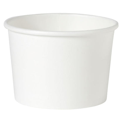Pohár na polievku Basic biely kartón/PE od Duni GmbH je jednoduchý biely jednorazový papierový pohár s rolovaným okrajom, ktorý je zobrazený prázdny v miernom uhle na bielom pozadí. Ideálny ako pohár na polievku na praktické jedlá na cestách.