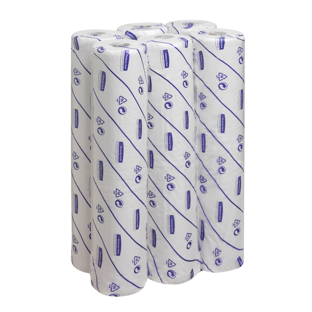 Šesť Scott® EXTRA lekárskych roliek od Kimberly-Clark GmbH, jednotlivo v bielom obale s modrým písmom a symbolmi, stojí skupinovo na bielom pozadí - perfektné pre medicínske použitie.