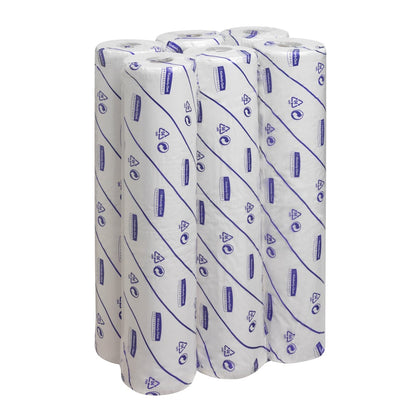 Šesť Scott® EXTRA lekárskych roliek od Kimberly-Clark GmbH, jednotlivo v bielom obale s modrým písmom a symbolmi, stojí skupinovo na bielom pozadí - perfektné pre medicínske použitie.
