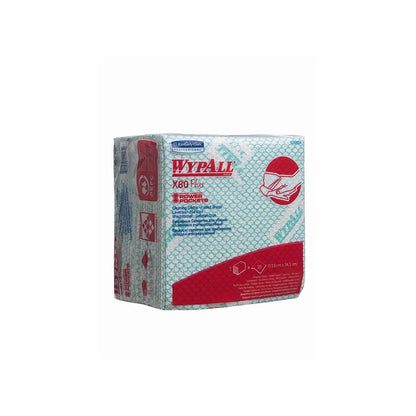 Balenie WypAll® X80 Plus Critical Clean Štvrťzložené v Zelenej od Kimberly-Clark GmbH je zobrazené vzpriamene. Skladá sa prevažne z bieleho obalu s červenými a modrými grafikami, vrátane obrázku rúk, ktoré čistia povrch.