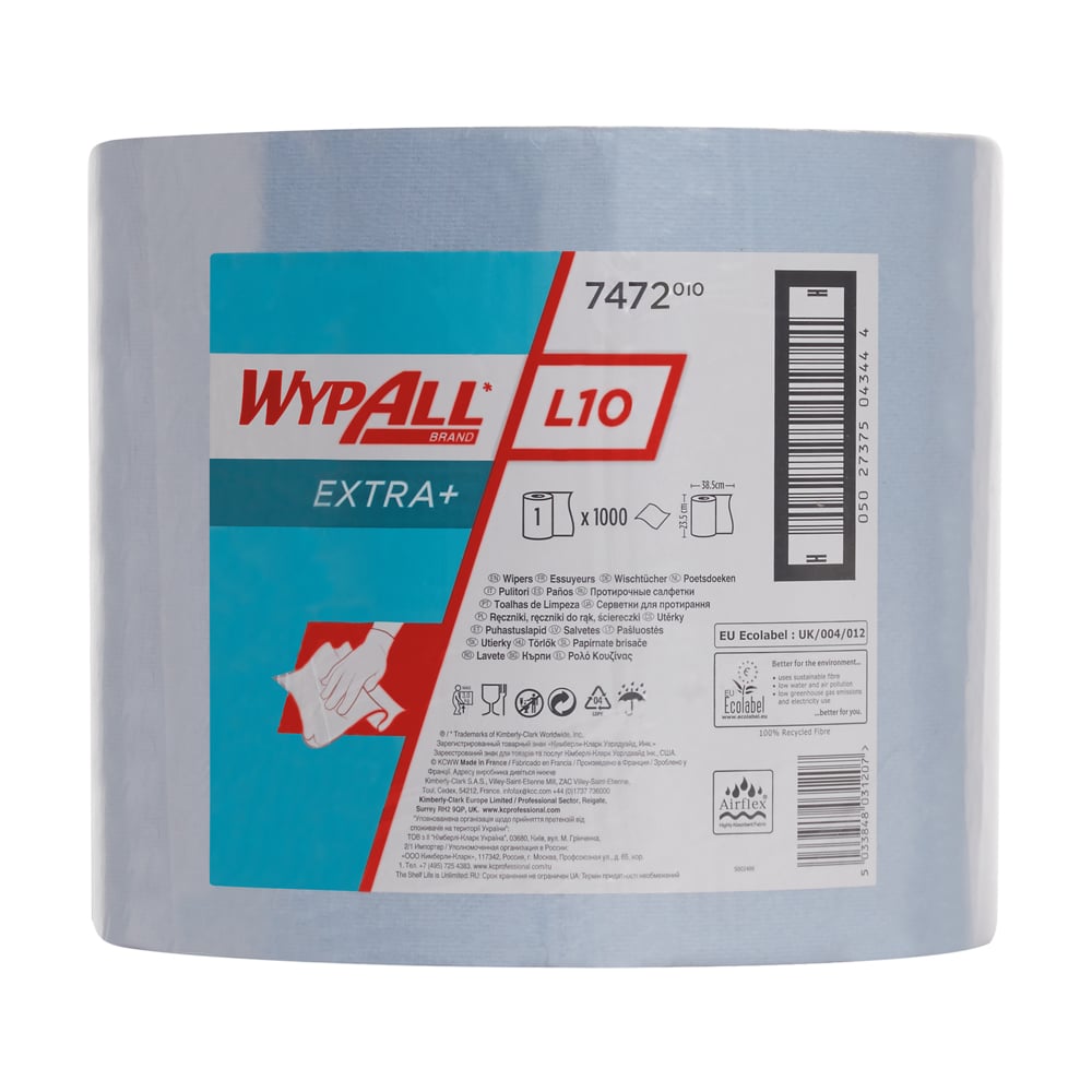 Veľká rolka utierok WypAll® L10 EXTRA+ (38,00 cm x 23,50 cm) od spoločnosti Kimberly-Clark GmbH, s viacjazyčnou etiketou s informáciami o produkte, značkou a obrázkami na čistenie povrchov.