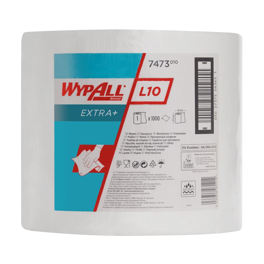 Veľká biela rolka utierok WypAll® L10 EXTRA+ (38,00 cm x 23,50 cm) od spoločnosti Kimberly-Clark GmbH s modro-bielou etiketou, diagramom použitia na čistenie povrchov a čiarovými kódmi.