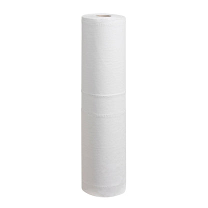 Jedna jednotlivá Scott® EXTRA lekárska rolka - Biela od Kimberly-Clark GmbH stojí nepoužitá s viditeľným kartónovým jadrom pred bielym pozadím - ideálne pre použitie v medicínskej oblasti.