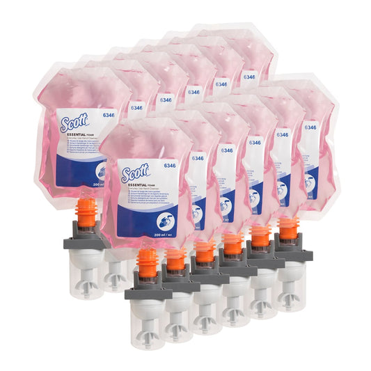Zwölf rosafarbene 200-ml-Scott® ESSENTIAL™ Schaumseife-Kassetten der Kimberly-Clark GmbH stehen in Reihen hinter zwölf grauen und orangen Spenderkartuschen.