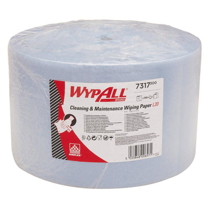 Modrý papierový uterák WypAll® L20 na údržbárske práce, extra široký, prichádza ako veľká rolka s 1 000 listami od Kimberly-Clark GmbH - balený v plastu s produktovými informáciami - ideálny na údržbárske a čistiace práce.