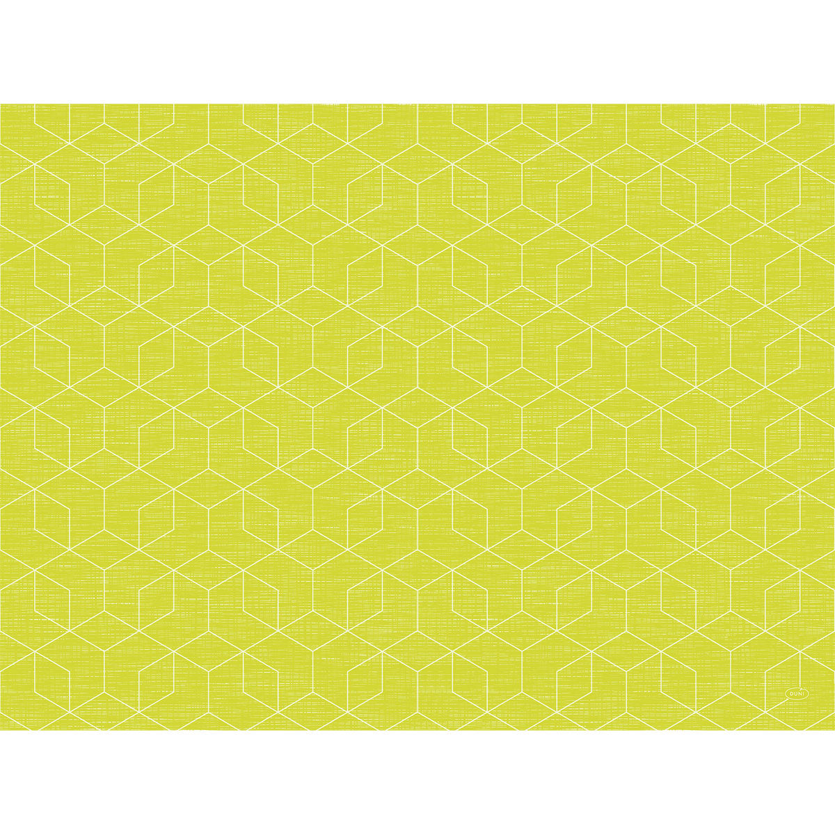 Ein weißes geometrisches Würfelmuster auf gelb-grünem, strukturiertem Hintergrund, inspiriert von den Bio-Dunicel-Tischsets 30 x 40 cm der Duni GmbH, die ein stilvolles und biologisch abbaubares Design bieten.