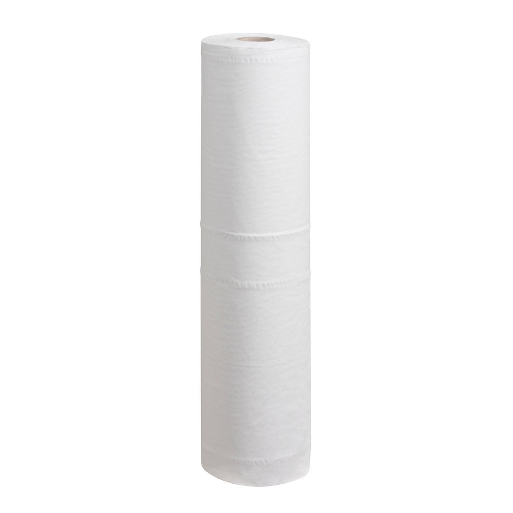 Jedna nepoužitá rolka Scott® EXTRA lekárske rolky - Biela od Kimberly-Clark GmbH stojí vertikálne pred bielym pozadím - ideálne pre medicínske použitie.