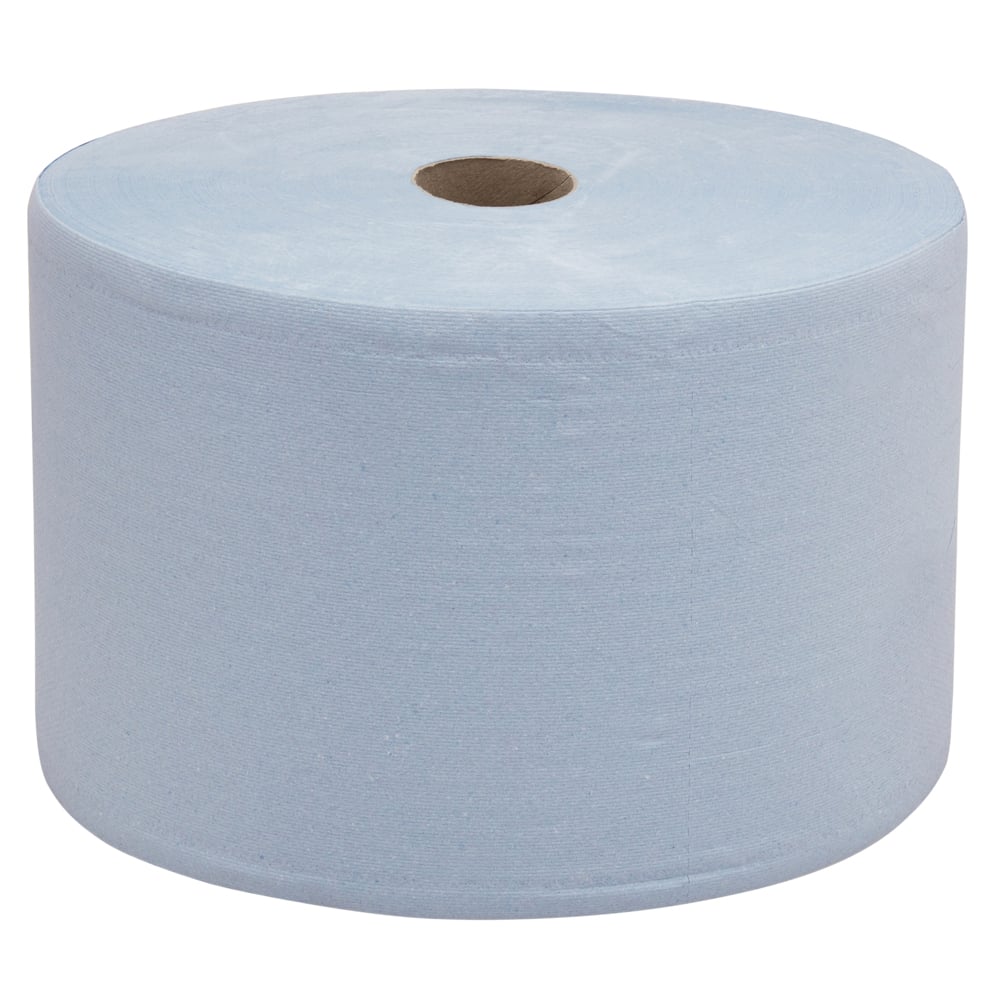 Papierový uterák WypAll® L20 na údržbárske práce veľká rolka od Kimberly-Clark GmbH v modrej farbe (extra široký, 1 rolka x 1000 utierok) je zobrazený nový a nepoužitý s viditeľným kartónovým jadrom na bielom pozadí.