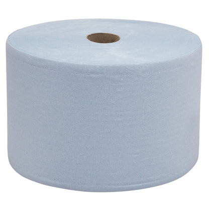Papierový uterák WypAll® L20 na údržbárske práce veľká rolka od Kimberly-Clark GmbH v modrej farbe (extra široký, 1 rolka x 1000 utierok) je zobrazený nový a nepoužitý s viditeľným kartónovým jadrom na bielom pozadí.