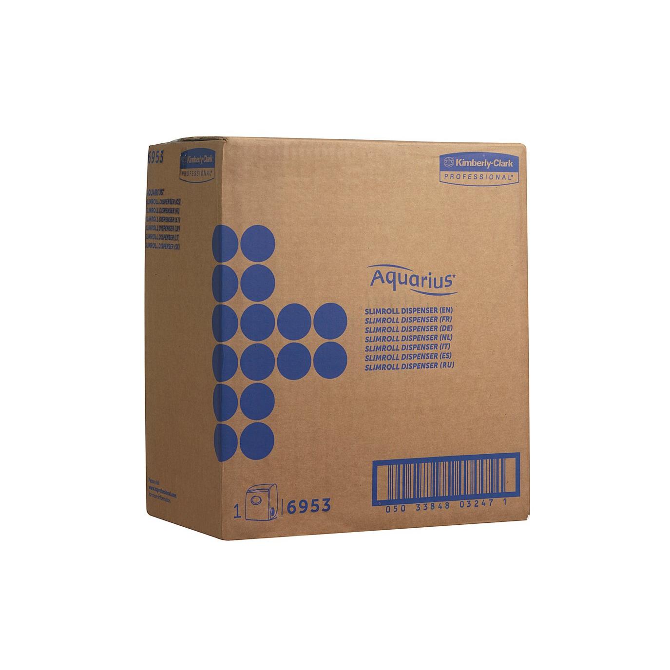 Ein weißer Karton mit der Aufschrift "Aquarius™ Slimroll™ Rollenhandtuchspender" der Kimberly-Clark GmbH zeigt ein blaues Punktmuster, Spenderangaben in Blau, einen Strichcode und das Kimberly-Clark Professional-Logo in der oberen rechten Ecke.